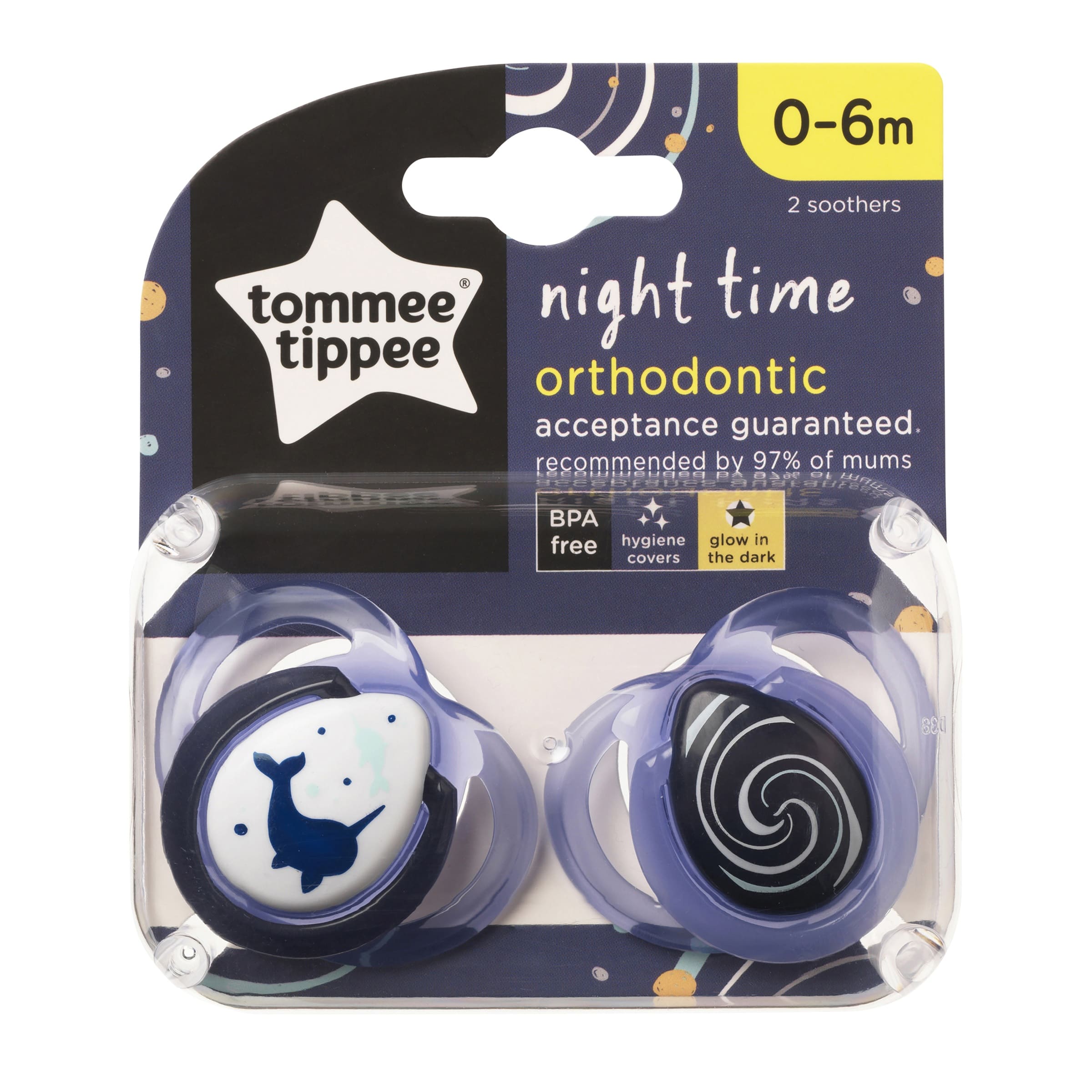 Tommee Tippee Night Time Orthodontic Soother with Hygiene (Glow in the Dark) - 2pk